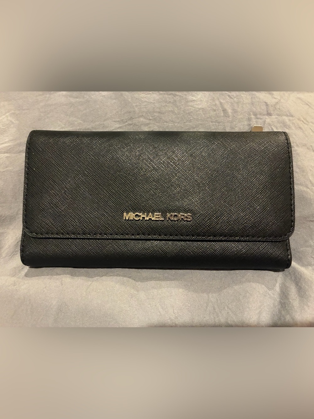 Michael Kors Black Saffiano Continental Wallet with Gold Logo Plate